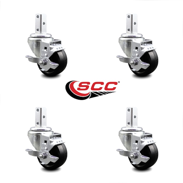 3.5 Inch Soft Rubber Wheel Swivel 3/4 Inch Square Stem Caster Set with Brake SCC